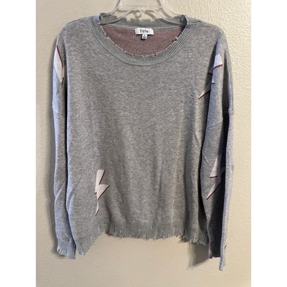 Fate Sweaters - Fate Women Gray Lightning Bolt Distressed Crewneck Sweater Size L